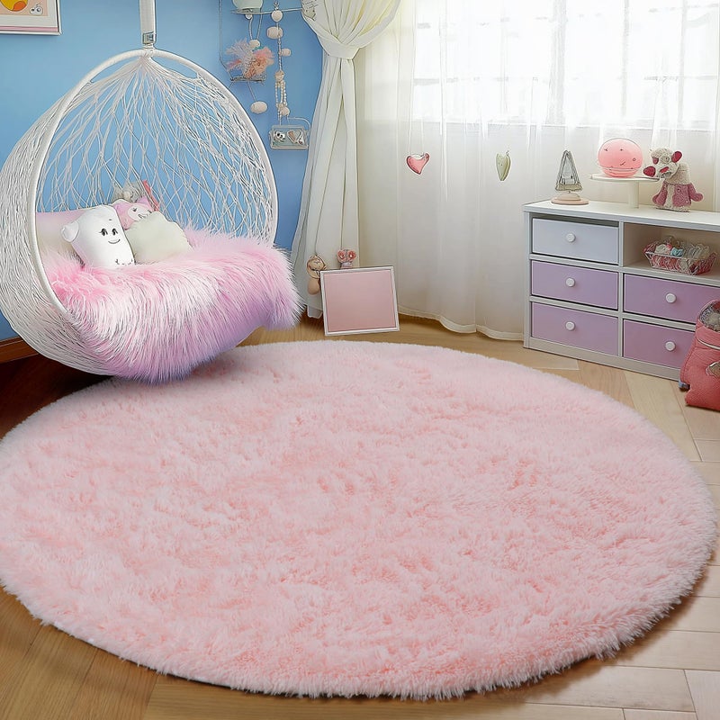 PAGISOFE Pink Round Rugs 5Ft, Circle Rugs for Girls Bedroom, Fluffy Carpets for Girls Room, Shaggy Rug, Indoor Small Teepee Furry Mat, Comfy Reading Playmat, Circular Rugs for Kids Baby Nursery Room - Image 4